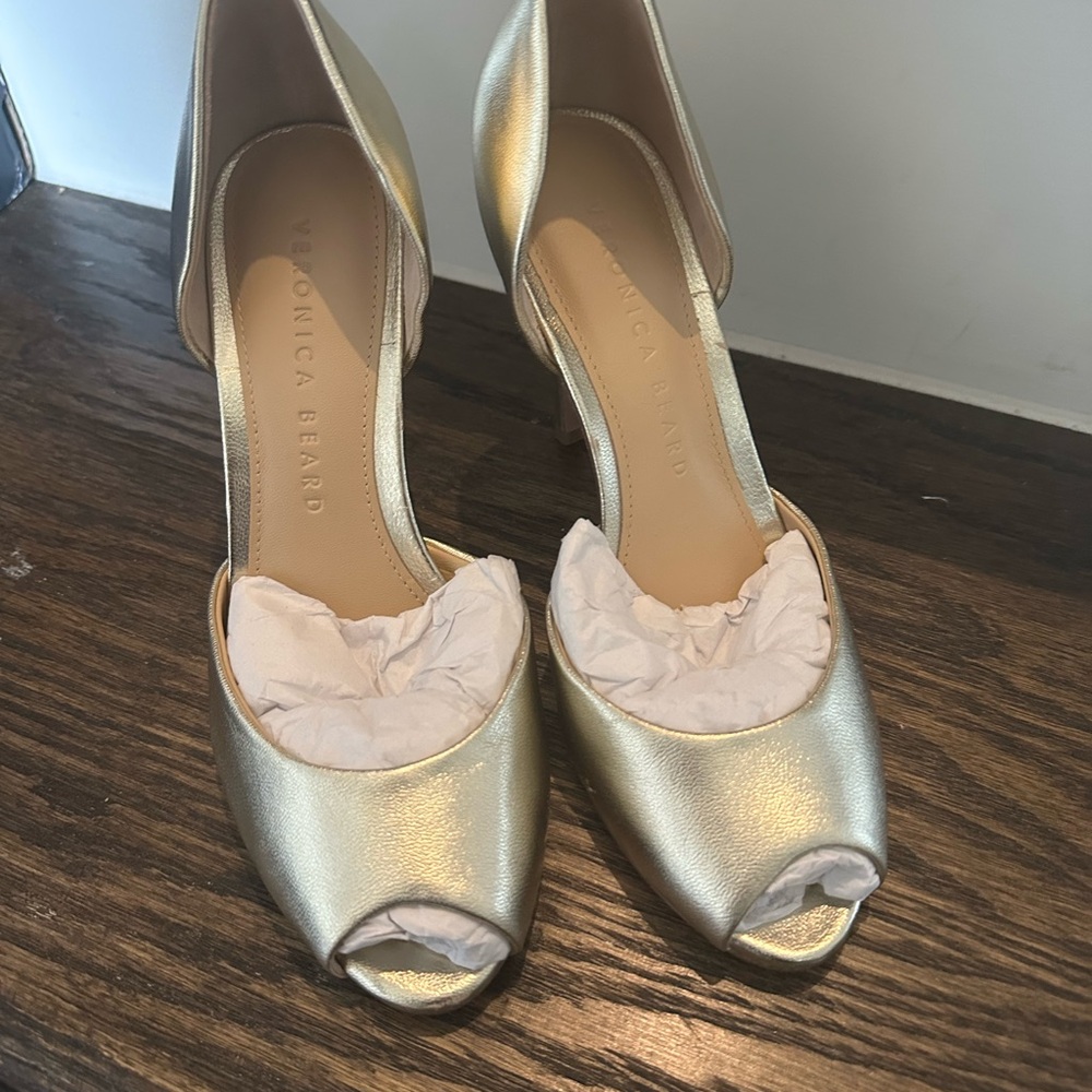 Veronica Beard Gold Peep Toe Heels